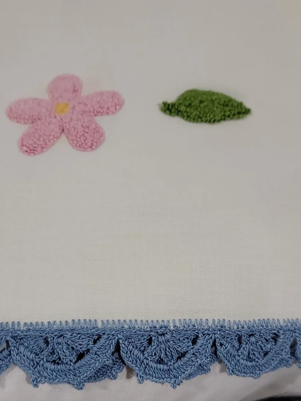 Vintage White Embroidered With Blue Lace Trim Table Runner Hand Made Floral